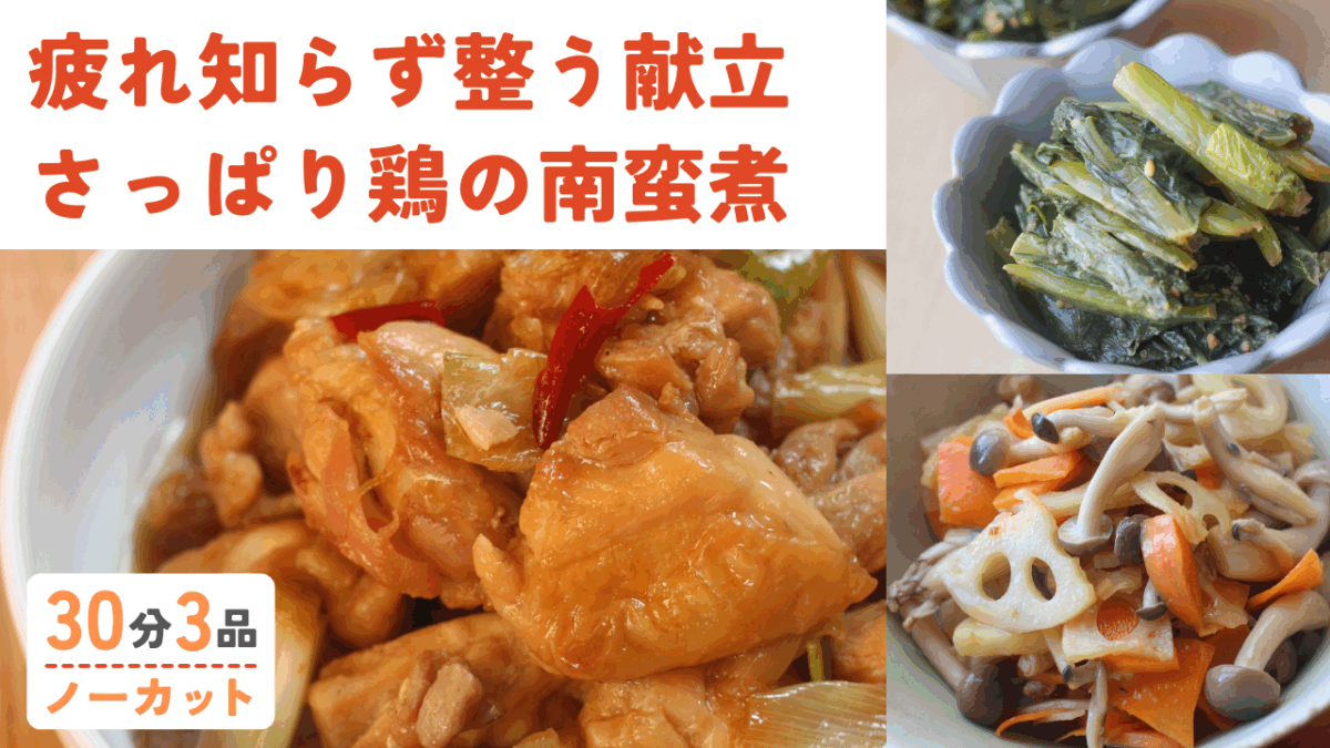 【動画】甘辛タレで食欲全開！鶏肉の南蛮煮・人参ときのこの炒めなます ・小松菜の胡麻和え